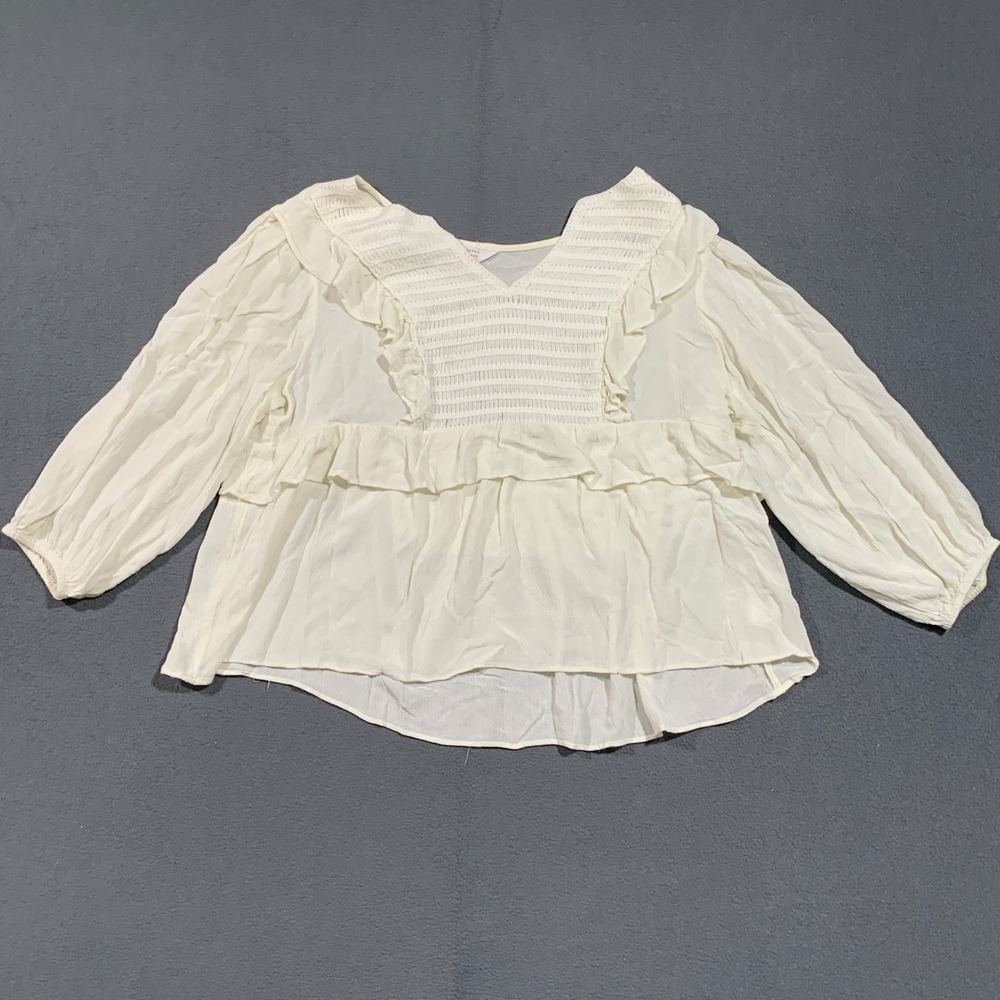 LC Lauren Conrad Ivory Ruffle Peplum Blouse Womens Victorian Crochet V-Neck M